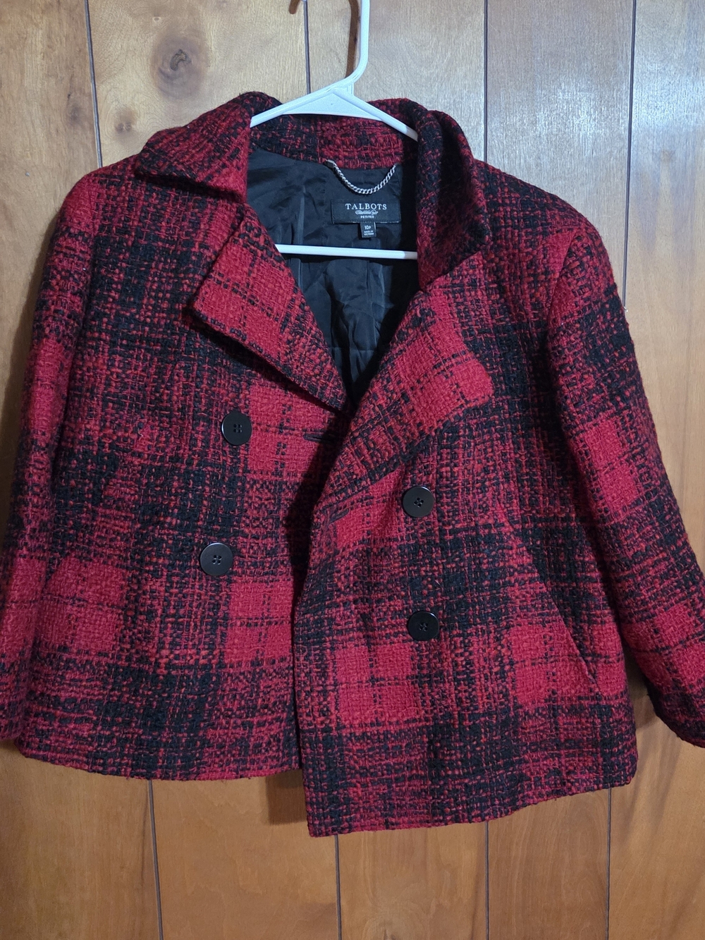 Talbots Red and Black Plaid Double-Breasted Blazer Jacket
